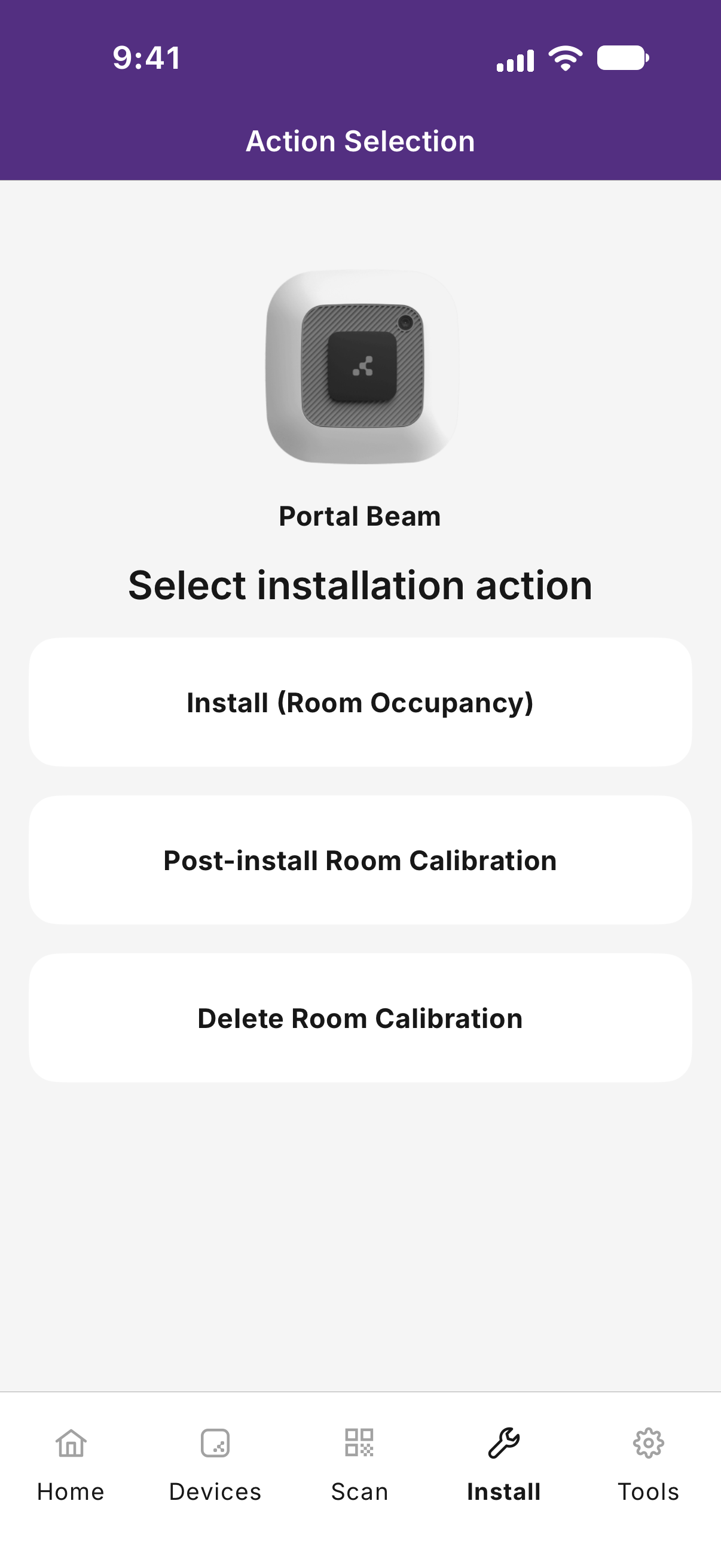 Kio Setup Manager Install screen with Post-install Room Calibration
