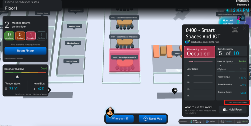 Cisco Spaces kiosk Digital Map showing a meeting room's occupancy, with Portal Beam as the data source