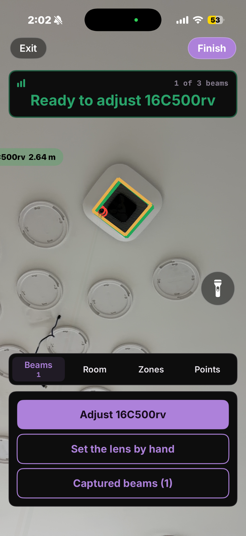 Kio Setup Manager room survey showing Ready to adjust for a captured beam