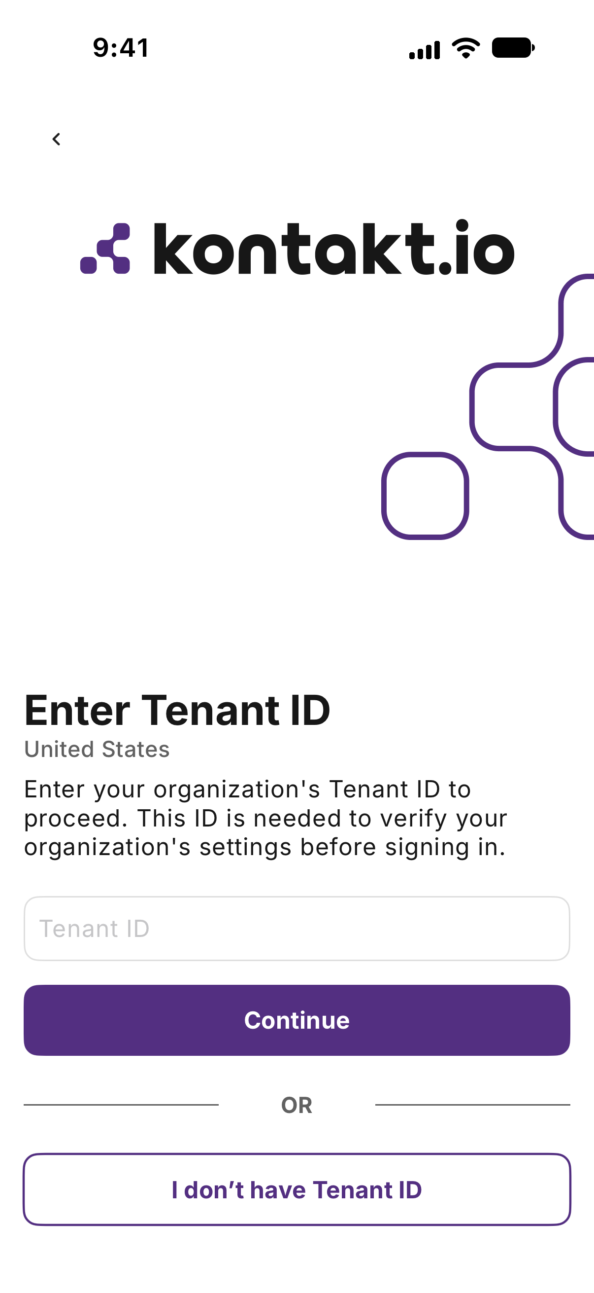 Kio Setup Manager Enter Tenant ID screen