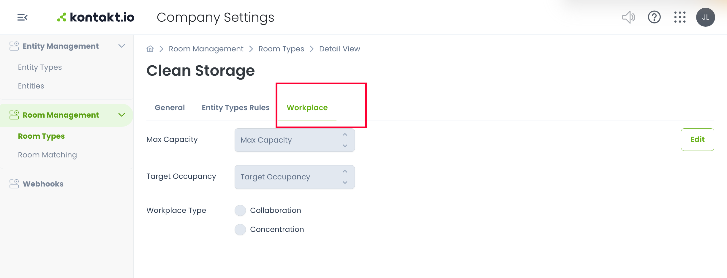 Company Settings Room Type Workplace tab with Max Capacity, Target Occupancy, and Workplace Type