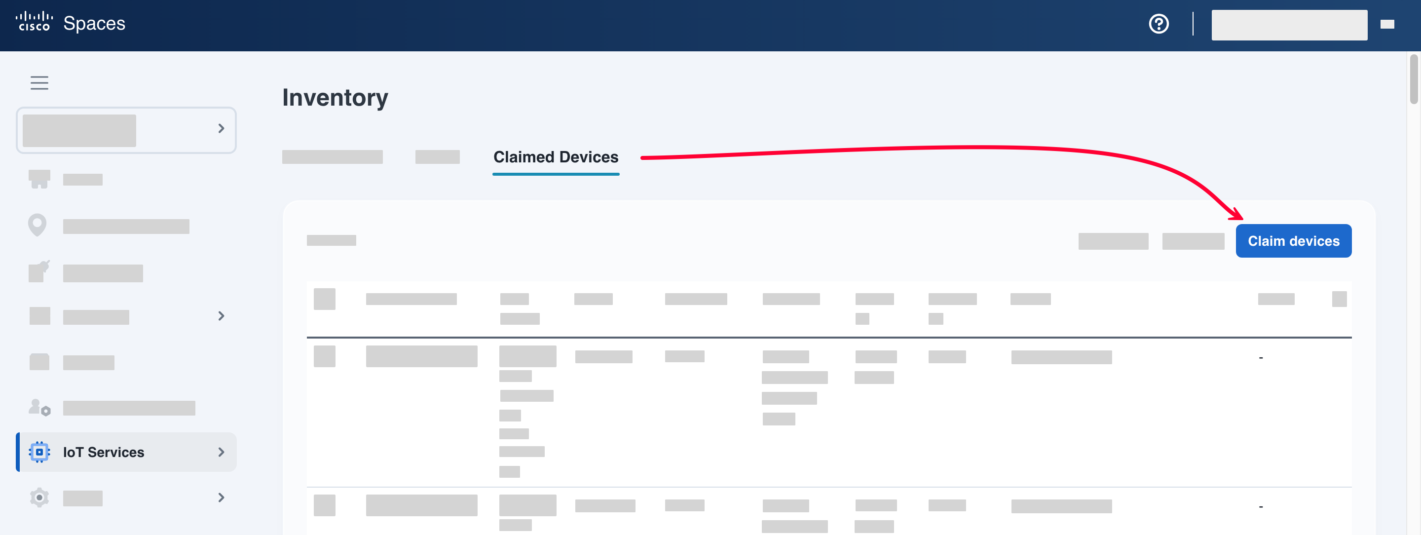 Cisco Spaces Inventory Claimed Devices tab with Claim devices